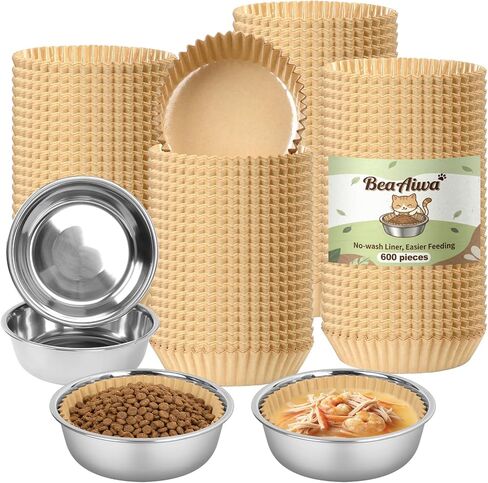 Disposable Cat Food Bowl Set (300 Pcs Small Paper Bowls + 2 Pcs Stainless Steel Pet Bowls) Dog Disposable Bowls Disposable Cat Plates for Wet Food Pet Food Bowl for Pet Feeding Station(Khaki Brown) in Kuwait