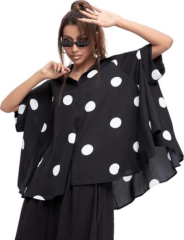 ellazhu Women's Summer Batwing Sleeve Oversized Button Down Blouse with Polka Dot Print Shirt Top GY1903 in Kuwait