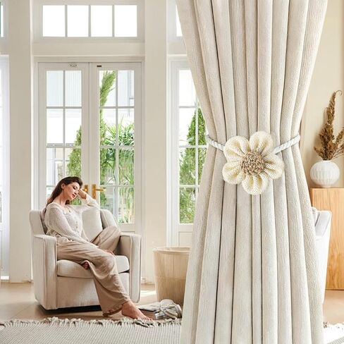 ستائر مغناطيسية قوية على شكل ستائر ستائر خلفية مريحة على شكل زهرة مزخرفة بحبل ستائر glrovazas 2 حزمة لستائر نوافذ المنزل والمكتب الرقيقة أو السميكة (أبيض) in Kuwait