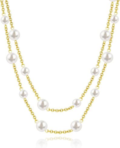 عقد من اللؤلؤ الذهبي للنساء، قلادات اللؤلؤ الطبقات المطلية بالذهب عيار 18 قيراط للنساء العصرية مزدوجة الطبقات من اللؤلؤ قلادة سلسلة من اللؤلؤ للنساء مجوهرات ذهبية هدايا عيد ميلاد in Kuwait