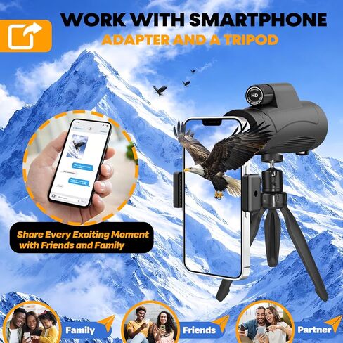 80x100 Monocular Telescope High Powered for Smartphone High Definition Monoculars for Adults with Adapter/Tripod for Bird Watching Camping Hiking Hunting Traveling Outdoor Wildlife-2025 Update in Kuwait