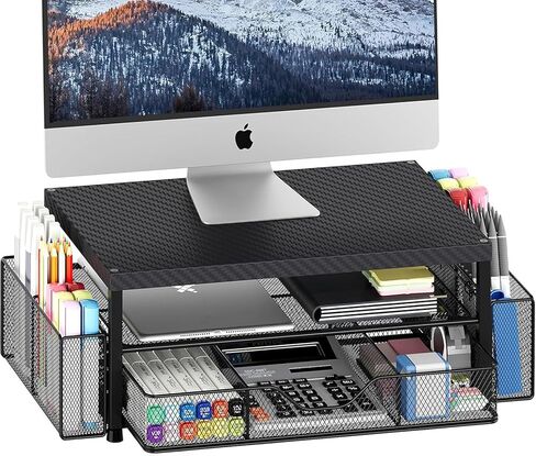 2-Tier Computer Monitor Stand Riser with Drawer, Desk Organizers and Accessories, Office Desk Accessories, Computer Monitor Accessories, Workspace Desktop Organizer for Office Supplies (White) in Saudi Arabia