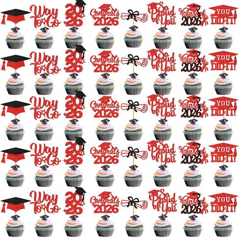 40Pcs Red and Black Graduation Cupcake Toppers 2025 Graduation Decorations Class of 2025 Cupcake Toppers for Graduation Party Decorations in Kuwait