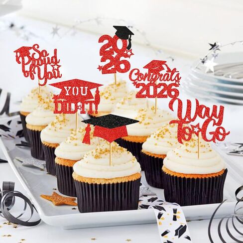 40Pcs Red and Black Graduation Cupcake Toppers 2025 Graduation Decorations Class of 2025 Cupcake Toppers for Graduation Party Decorations in Kuwait