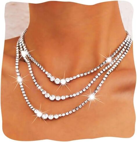 Sixexey الطبقات حجر الراين القلائد الفضة كريستال قلادة سلاسل سباركلي حزب قلادة مجوهرات للنساء والفتيات in Kuwait