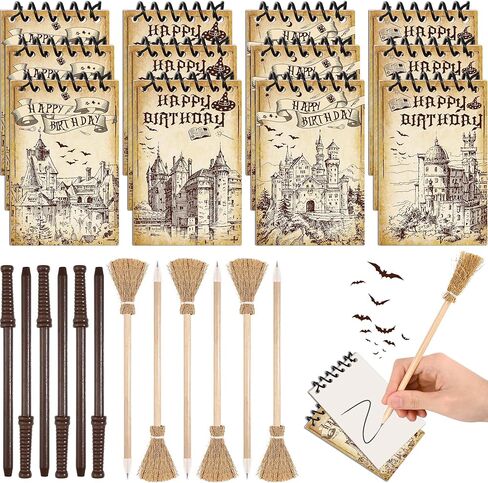 24 Pcs Magical Wizard Notepads Set Spiral Notebooks and Magic Wand Pencils Witch Broom Pencils Castle Magical Wizard School Mini Notepads Small Pocket Journal Goodie Bag Stuffers for Wizard School Classroom Party Favors Supplies in Kuwait