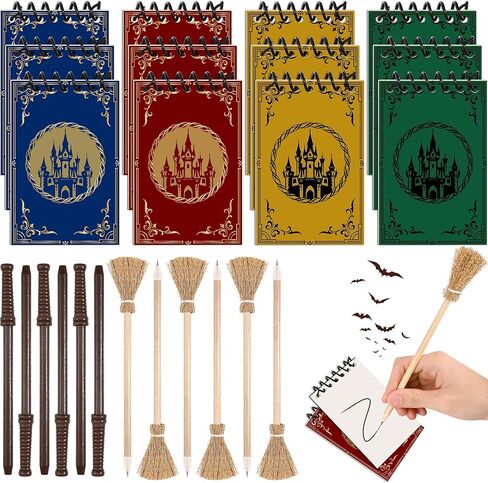 24 Pcs Magical Wizard Notepads Set Spiral Notebooks and Magic Wand Pencils Witch Broom Pencils Castle Magical Wizard School Mini Notepads Small Pocket Journal Goodie Bag Stuffers for Wizard School Classroom Party Favors Supplies in Kuwait