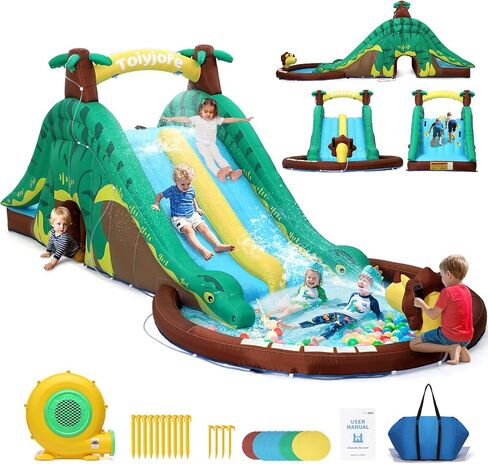 Giant Inflatable Water Slide, 7-in-1 Original Forest Dinosaur Style Backyard Splash Park with Dual Slide, 480W Blower with GFCI, Pool, Water Sprinklers, Tunnel, Climbing Wall for Summer Outdoor Fun in Kuwait