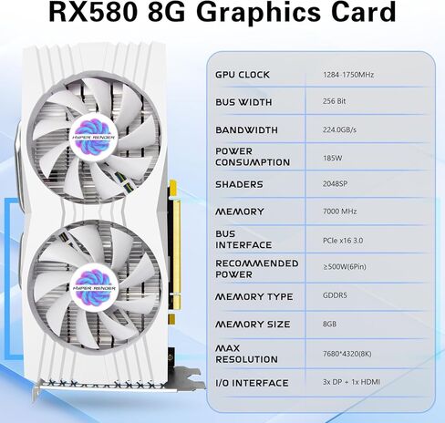 RX 580 Graphics Card 8GB 2048SP GDDR5 256 Bit PC Gaming Video Card 3*DP 1*HDMI PCI Express 3.0 with Freeze Fan Stop for Desktop Computer GPU for Gaming PC in Kuwait
