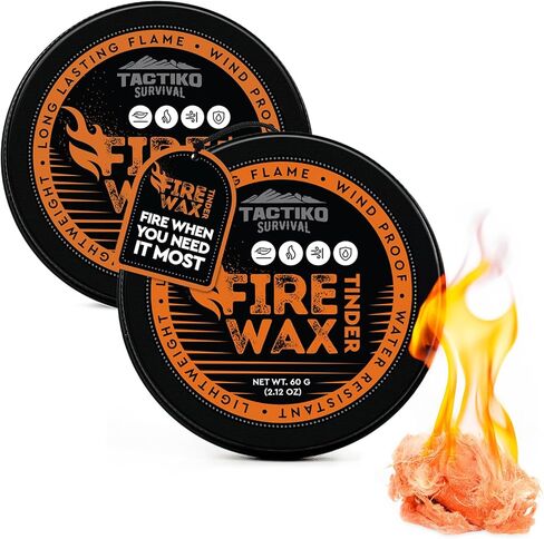 Tactiko Fire Wax - Burns Up to 5 Minutes, 50 Uses, 60g - Perfect for Wet Wood - Compact, Water & Wind Resistant - Camping Gear, Survival Kit, Hikers, Emergency Use - U.S. Company in Kuwait