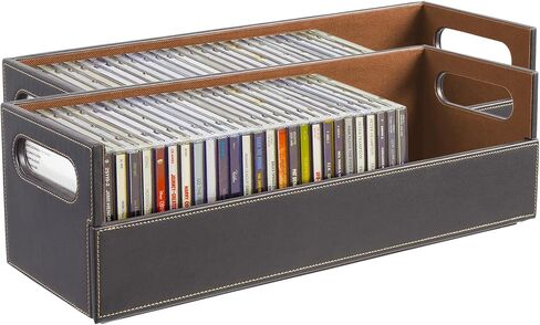 Stock Your Home 2- Pack CD Storage Box, Organizer Shelf for Movie Cases, DVDs, Cassette Tape Display Stand, Disc Holder Can Store Up to 40 CDs, Faux Leather (Brown) in Kuwait