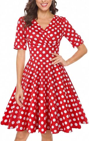 MINTLIMIT Women's 1950s Vintage Wrap V Neck Half Sleeve Retro Cocktail Swing Dress Plain A-line Dresses in Kuwait