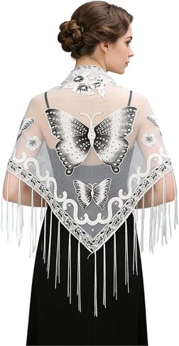 Women’s Elegant Butterfly Print Shawls and Wraps for Evening Dresses Triangle Shawl Wraps Fringed Evening Cape in Kuwait