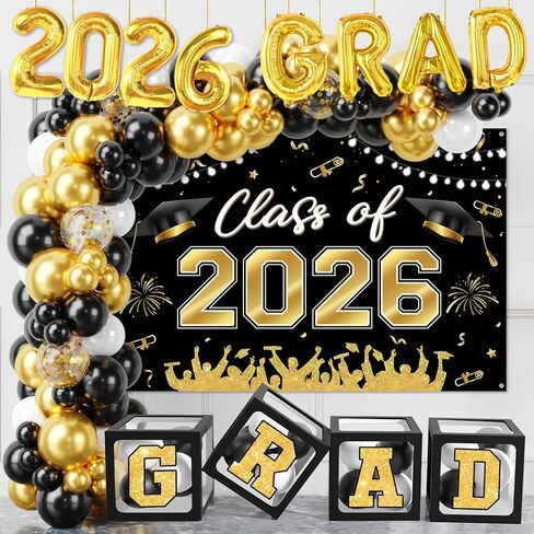 Graduation Decorations Class of 2025-122pcs Black Gold Graduation Party Decorations include Balloon Boxes with Letters, Balloon Arch Kit and Backdrop for 2025 Grad Party Supplies in Saudi Arabia
