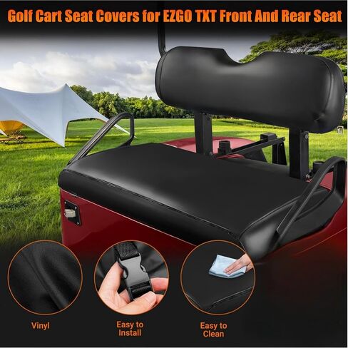 أغطية مقاعد عربة الجولف من الجلد الأسود وأغطية المقاعد الأمامية والخلفية متوافقة مع EZGO TXT 1994-2013 وسادة المقعد العادية الأصلية وخياطة بيج بدون دبابيس in Kuwait