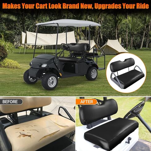 أغطية مقاعد عربة الجولف من الجلد الأسود وأغطية المقاعد الأمامية والخلفية متوافقة مع EZGO TXT 1994-2013 وسادة المقعد العادية الأصلية وخياطة بيج بدون دبابيس in Kuwait