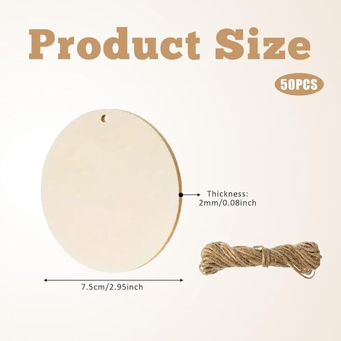 50PCS Round Wooden Circles with Holes, 3 Inch Wood Discs for Crafts, Blank Wooden Gift Tags Labels for Drink, Present Party Bags, Arts & Crafts, Home Decoration in Kuwait