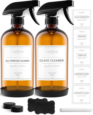 Vine Creations Amber Glass Spray Bottles 2 Pack with Waterproof Labels & Accessories, Thick 16oz Refillable Bottle for Essential Oils, Cleaning Solutions, Adjustable Nozzle with Mist & Stream Option in Kuwait