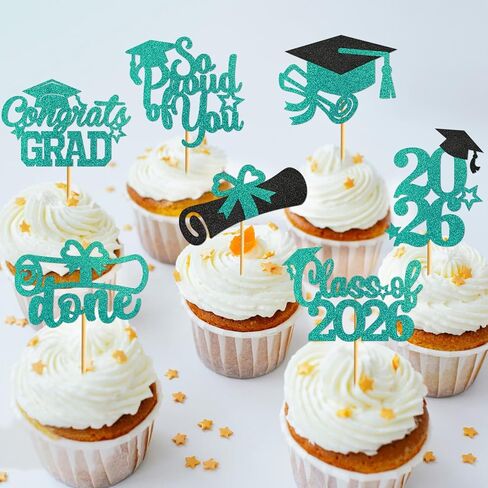 40PCS Teal Graduation Cupcake Toppers 2025 فئة زخارف التخرج من 2025 Cupcake Toppers 2025 تهانينا Cap Cap Decorations Party Party in Saudi Arabia