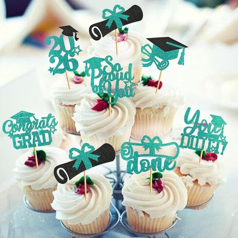 40PCS Teal Graduation Cupcake Toppers 2025 فئة زخارف التخرج من 2025 Cupcake Toppers 2025 تهانينا Cap Cap Decorations Party Party in Saudi Arabia