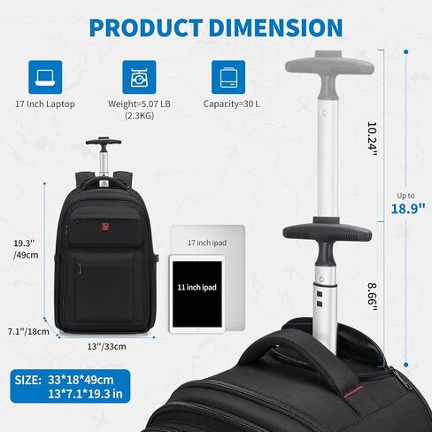ويواس شنطة ظهر بعجلات كبيرة بعجلات سوداء للسفر والاعمال للرجال والنساء، اسود، مقاس واحد، شنطة ظهر يومية, أسود, حقيبة ظهر تكقي احتياجات يومية in Kuwait