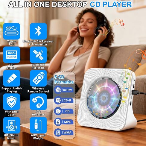 مشغل أقراص مضغوطة مع مكبرات صوت للمنزل: مشغل Desktop CD Player Bluetooth CD للمنزل مع عرض غبار الغبار عن بُعد معرض FM Radio Timer USB AUX للبالغين in Kuwait