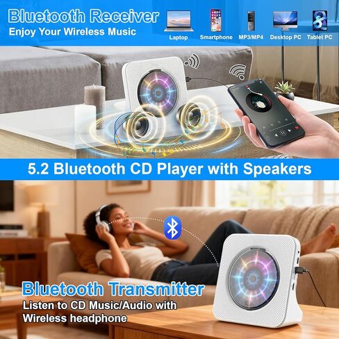 مشغل أقراص مضغوطة مع مكبرات صوت للمنزل: مشغل Desktop CD Player Bluetooth CD للمنزل مع عرض غبار الغبار عن بُعد معرض FM Radio Timer USB AUX للبالغين in Kuwait