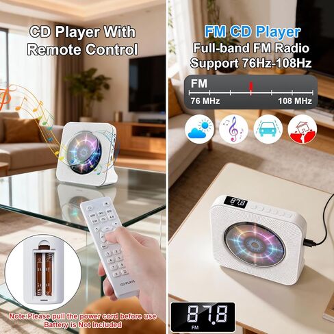 مشغل أقراص مضغوطة مع مكبرات صوت للمنزل: مشغل Desktop CD Player Bluetooth CD للمنزل مع عرض غبار الغبار عن بُعد معرض FM Radio Timer USB AUX للبالغين in Kuwait