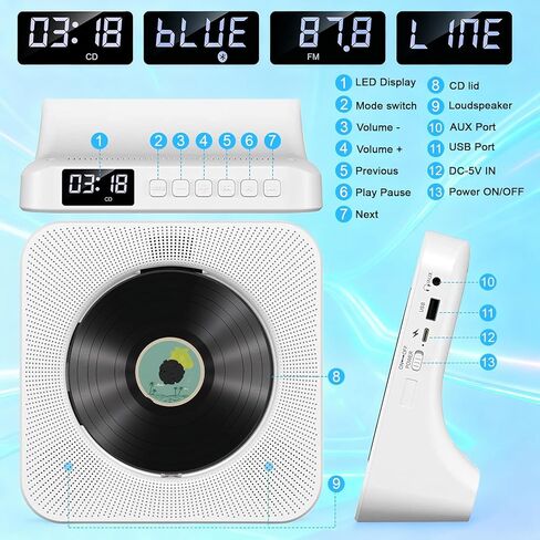 مشغل أقراص مضغوطة مع مكبرات صوت للمنزل: مشغل Desktop CD Player Bluetooth CD للمنزل مع عرض غبار الغبار عن بُعد معرض FM Radio Timer USB AUX للبالغين in Kuwait