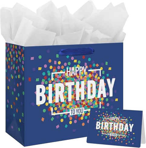 13" Large Happy Birthday Gift Bag Blue with Greeting Card and Tissue Papers for Men Boys in Kuwait