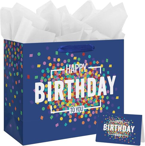 13" Large Happy Birthday Gift Bag Blue with Greeting Card and Tissue Papers for Men Boys in Saudi Arabia