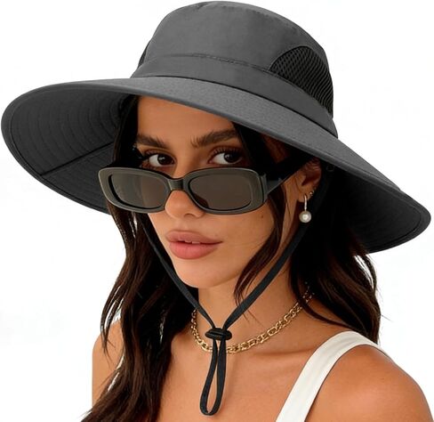 DRESHOW Women Sun Hat Outdoor UV Protection Hat Foldable Mesh Wide Brim Fishing Ponytail Beach Bucket Hats in Kuwait