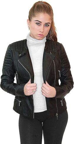 Olivia Miller Womens Faux Leather Zip Up Moto Biker Jacket in Kuwait