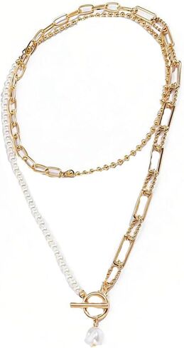 Stack Irregular Gold Necklace Baroque Pearl Necklace Gold Plated Paper Clip OT Buckle Necklace Delicate Layered Stack Can Be Freely Adjusted Length Pearl Pendant Beaded Necklace Women in Kuwait