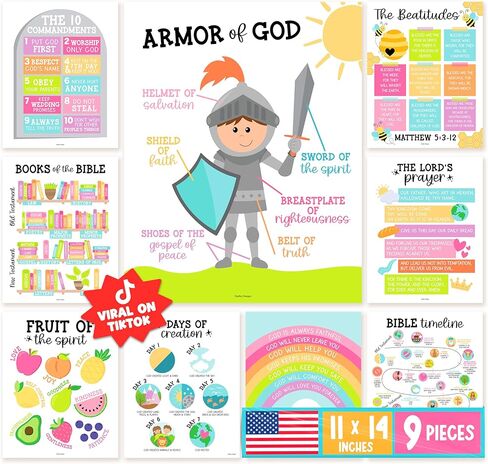 Hadley Designs Sunday School Decorations for Classroom – 9 Bible Posters for Kids, 11x14in Books of the Bible Poster, 10 Commandments, Fruits of the Spirit & More – Pastel Christian Classroom Decor in Kuwait