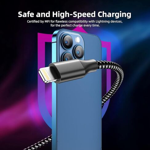 سلك شاحن iPhone 3 حزم 10 أقدام كابل Lightning معتمد من Apple MFi كابل شحن سريع لشاحن iPhone مضفر من النايلون متوافق مع iPhone 14 13 12 11 Pro Max XR XS X 8 7 6 Plus SE iPad والمزيد in Kuwait