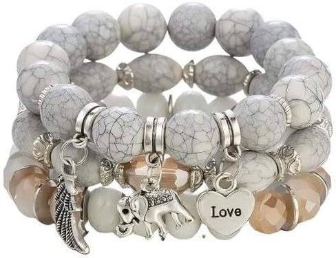 Caiyao Bohemian Beaded Bracelets Stackable Elephant Wing Love Heart Bracelet Set Multilayer Stretch Beaded Bracelets Boho Cute Elephant Charm Bracelets Jewelry Set for Women Girl in Kuwait