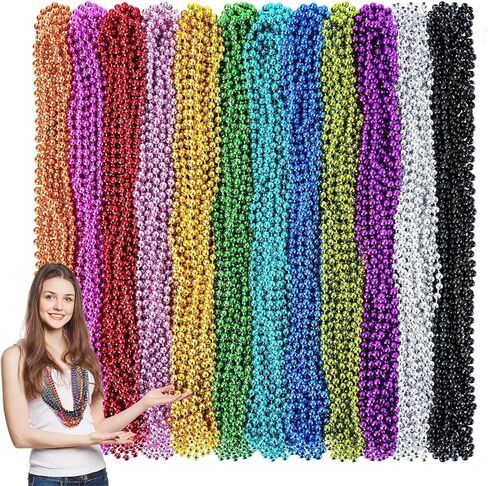 144 قطعة من خرز ماردي جراس، 12 لونًا من خرز ماردي جراس السائبة، قلادات خرز ماردي جراس 33 بوصة 7 مم، قلادات معدنية مطرزة لمطابقة أزياء الحفلات، رمي موكب ماردي جراس، مناسبات ارتداء الملابس in Kuwait