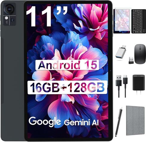 2025 Release 11 inch Tablet, Android 14 Tablets with Keyboard, 16(8+8)GB RAM 128GB ROM 1TB Expand, 2.4G/5G WiFi Tablet with BT 5.0, 13MP Camera, Octa-Core, 8000mAh, GPS, 11" Big Incell Screen-Gray in Kuwait