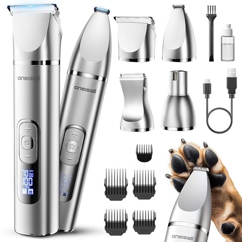 oneisall 4 in 1 Dog Grooming Kit with LCD Display, Dog Hair Trimmer for Paw Nail Grinder, Rechargeable 2000 mAh Pet Clippers in Kuwait