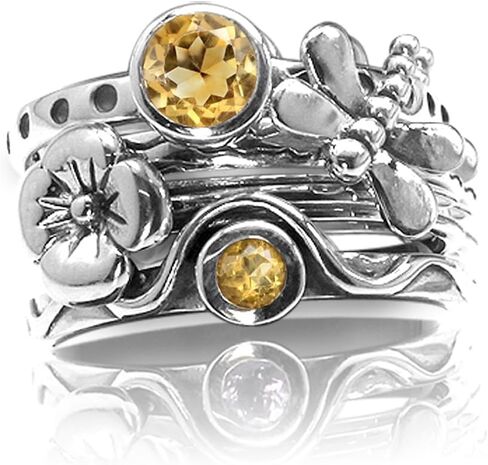 Silvershake Set of 4 Gemstone 925 Sterling Silver Dragonfly and Flower Stackable Rings Jewelry for Women Multiple way of Wear in Kuwait