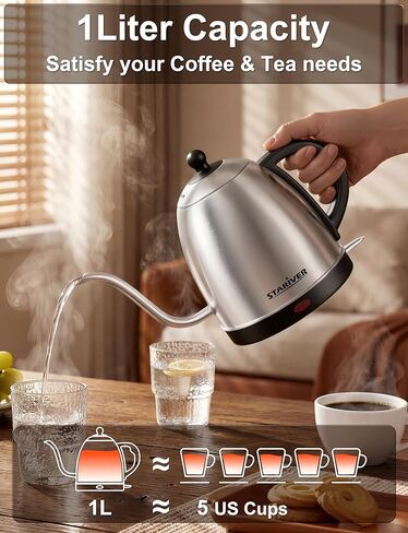 Stariver Gooseneck Electric Clostle ، وعاء شاي شاي شاي كهربائي 0.8L ، يُسكب غلاية القهوة مع غطاء وأسفل من الفولاذ المقاوم للصدأ ، وغلاية ماء مع إغلاق السيارات والحماية الجافة ، والأسود in Kuwait