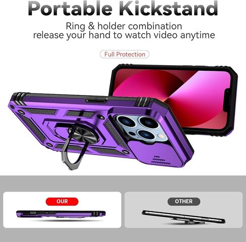 SunStory Compatible with iPhone 13 Pro Case with HD Screen Protector & Slide Camera Cover & Rotated Ring Kickstand, [Military-Grade] Phone Case for iPhone 13 Pro (Red) in Kuwait