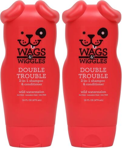 Wags & Wiggles Double Trouble 2-in-1 Dog Shampoo & Conditioner | Cleansing and Nourishing Shampoo and Conditioner for Dogs | Fruity Watermelon Scent, 16 Ounces (Pack of 2) in Kuwait