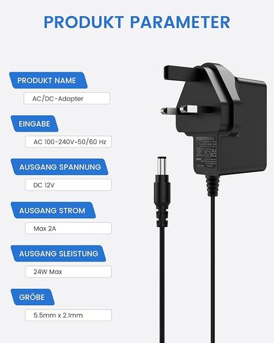 12V 2A Power Supply Adapter CCTV Camera Power Supply Adapter AC 100-240V to DC 12V Transformer 2.1mm X 5.5mm with 4ft/1.2m Lead, for Audio/Video, Router, Security Cameras, LED Lights in Kuwait