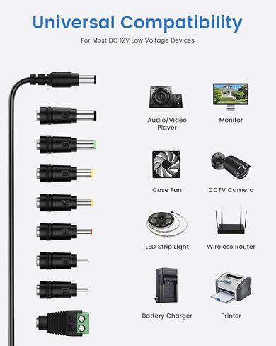 12V 2A Power Supply Adapter CCTV Camera Power Supply Adapter AC 100-240V to DC 12V Transformer 2.1mm X 5.5mm with 4ft/1.2m Lead, for Audio/Video, Router, Security Cameras, LED Lights in Kuwait