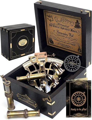 آلة السدس النحاسية للملاحة مع بوصلة مدمجة، آلة السدس النحاسية البحرية العتيقة J. Scott آلة السدس العتيقة مع صندوق خشبي لتأكيد المعمودية، أفضل هدية بحرية لعيد الفصح in Kuwait