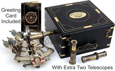 آلة السدس النحاسية للملاحة مع بوصلة مدمجة، آلة السدس النحاسية البحرية العتيقة J. Scott آلة السدس العتيقة مع صندوق خشبي لتأكيد المعمودية، أفضل هدية بحرية لعيد الفصح in Kuwait