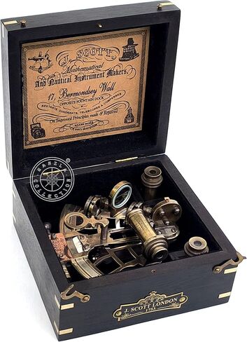 آلة السدس النحاسية للملاحة مع بوصلة مدمجة، آلة السدس النحاسية البحرية العتيقة J. Scott آلة السدس العتيقة مع صندوق خشبي لتأكيد المعمودية، أفضل هدية بحرية لعيد الفصح in Kuwait