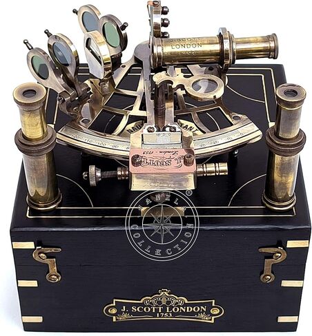 آلة السدس النحاسية للملاحة مع بوصلة مدمجة، آلة السدس النحاسية البحرية العتيقة J. Scott آلة السدس العتيقة مع صندوق خشبي لتأكيد المعمودية، أفضل هدية بحرية لعيد الفصح in Kuwait